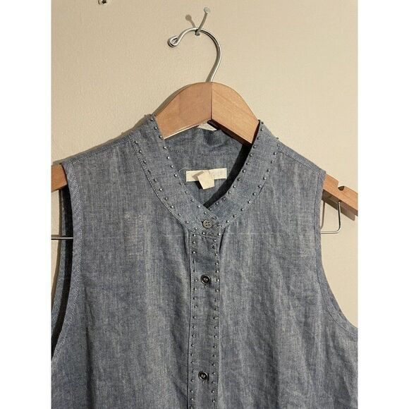 Eileen Fisher Studded Tunic Top Womens XS Chambray Sleeveless Blue - Picture 4 of 7